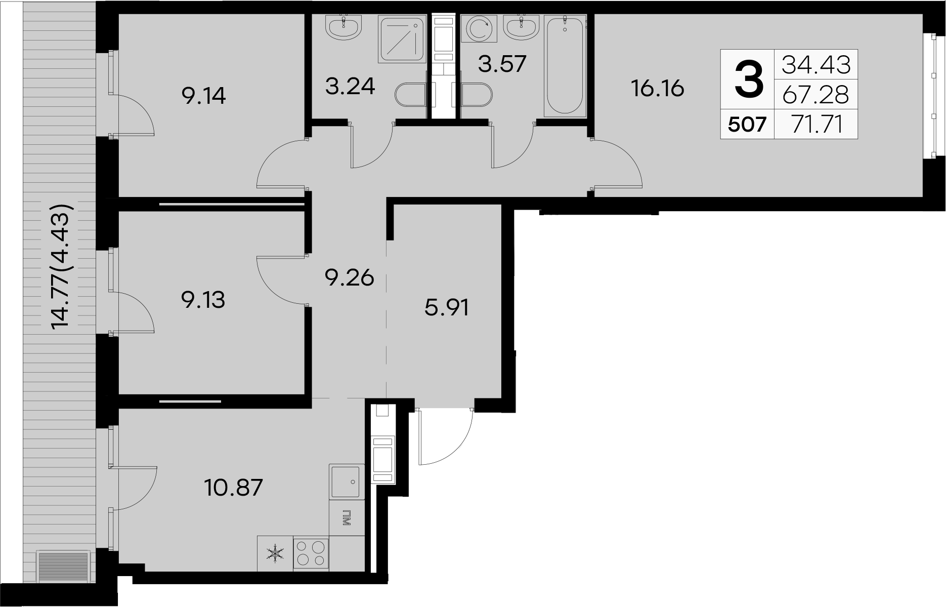 3-комнатная квартира 71.71 м², 8/8 эт., ЖК «Glorax City Балтийская»